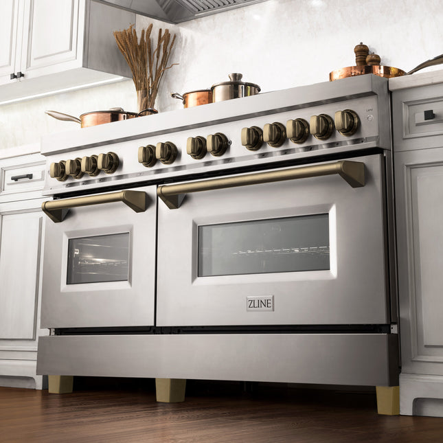 ZLINE Autograph Edition 60 in. 7.4 cu. ft. Legacy Dual Fuel Range with 9 Burner Gas Cooktop and 2 Electric Convection Ovens in Stainless Steel and Champagne Bronze Accents (RAZ-60-CB)