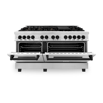 ZLINE Autograph Edition 60 in. 7.4 cu. ft. Legacy Dual Fuel Range with 9 Burner Gas Cooktop and 2 Electric Convection Ovens in Stainless Steel and Matte Black Accents (RAZ-60-MB)