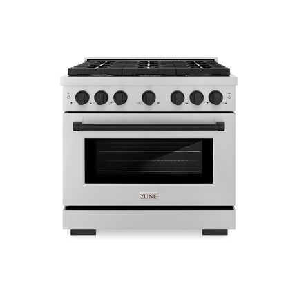 ZLINE Autograph Edition 36 in. 5.2 cu. ft. Paramount Dual Fuel Range with 6 Burner Gas Cooktop and Electric Convection Oven in Stainless Steel with Matte Black Accents (SDRZ-36-MB)