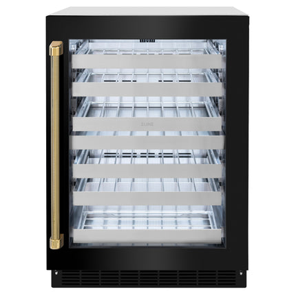 ZLINE Autograph Edition 24 in. Touchstone Dual Zone 44 Bottle Wine Cooler with Black Stainless Steel Glass Door and Polished Gold Helix Handle (RWDOZ-BS-24-KG)