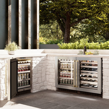 ZLINE Autograph Edition 24 in. Touchstone Dual Zone 44 Bottle Wine Cooler with Satin Stainless Steel Glass Door and Champagne Bronze Handle (RWDOZ-SN-24-CB)