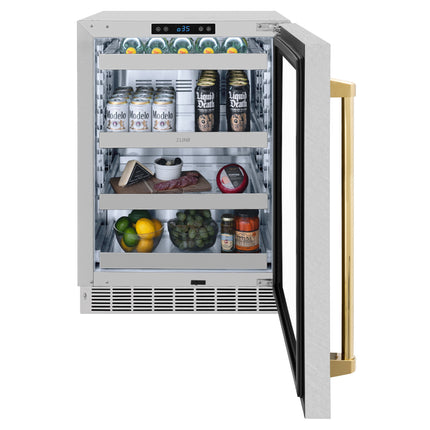 ZLINE Autograph Edition 24 in. Touchstone 151 Can Beverage Fridge With Satin Stainless Steel Glass Door And Polished Gold Handle (RBSOZ-SN-24-G)