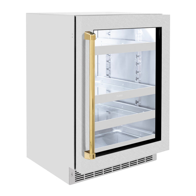 ZLINE Autograph Edition 24 in. Touchstone 151 Can Beverage Fridge With Satin Stainless Steel Glass Door And Polished Gold Handle (RBSOZ-SN-24-G)