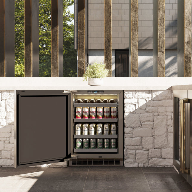 ZLINE Autograph Edition 24 in. Touchstone 151 Can Beverage Fridge With Solid Stainless Steel Door And Polished Gold Handle (RBSOZ-ST-24-G)