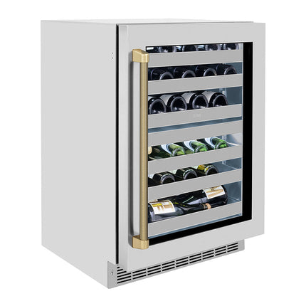 ZLINE Autograph Edition 24 in. Touchstone Dual Zone 44 Bottle Wine Cooler with Stainless Steel Glass Door and Champagne Bronze Helix Handle (RWDOZS-24-KCB)