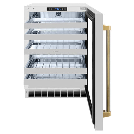 ZLINE Autograph Edition 24 in. Touchstone Dual Zone 44 Bottle Wine Cooler with Stainless Steel Glass Door and Polished Gold Helix Handle (RWDOZS-24-KG)
