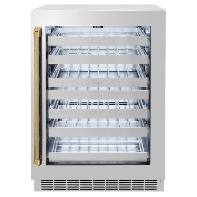 ZLINE Autograph Edition 24 in. Touchstone Dual Zone 44 Bottle Wine Cooler with Stainless Steel Glass Door and Polished Gold Helix Handle (RWDOZS-24-KG)