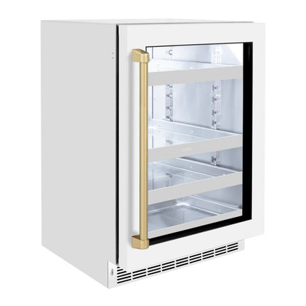 ZLINE Autograph Edition 24 in. Touchstone 151 Can Beverage Fridge With White Matte Glass Door And Champagne Bronze Handle (RBSOZ-WM-24-CB)