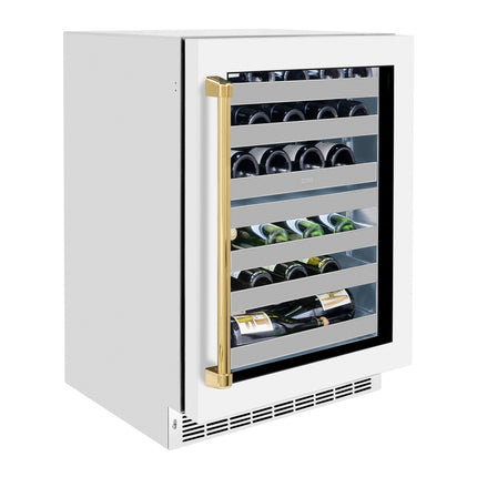 ZLINE Autograph Edition 24 in. Touchstone Dual Zone 44 Bottle Wine Cooler With White Matte Glass Door And Polished Gold Handle (RWDOZ-WM-24-G)