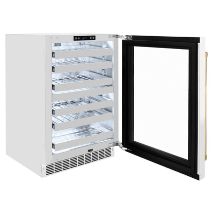 ZLINE Autograph Edition 24 in. Touchstone Dual Zone 44 Bottle Wine Cooler With White Matte Glass Door And Polished Gold Handle (RWDOZ-WM-24-G)