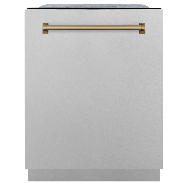 ZLINE Autograph Edition 24" Monument Series 3rd Rack Top Touch Control Tall Tub Dishwasher in Fingerprint Resistant Stainless Steel with Champagne Bronze Handle, 45dBa (DWMTZ-SN-24-CB)