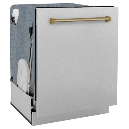 ZLINE Autograph Edition 24" Monument Series 3rd Rack Top Touch Control Tall Tub Dishwasher in Fingerprint Resistant Stainless Steel with Champagne Bronze Handle, 45dBa (DWMTZ-SN-24-CB)