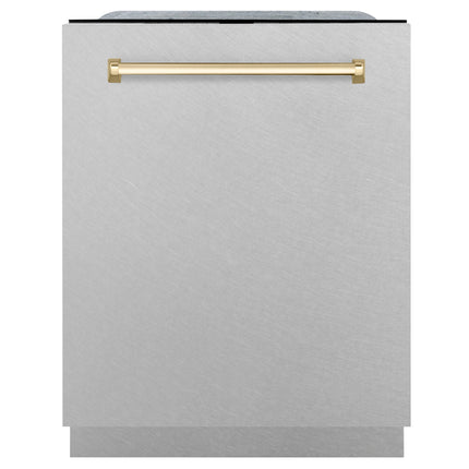 ZLINE Autograph Edition 24" Monument Series 3rd Rack Top Touch Control Tall Tub Dishwasher in Fingerprint Resistant Stainless Steel with Polished Gold Handle, 45dBa (DWMTZ-SN-24-G)