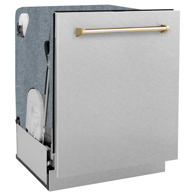 ZLINE Autograph Edition 24" Monument Series 3rd Rack Top Touch Control Tall Tub Dishwasher in Fingerprint Resistant Stainless Steel with Polished Gold Handle, 45dBa (DWMTZ-SN-24-G)