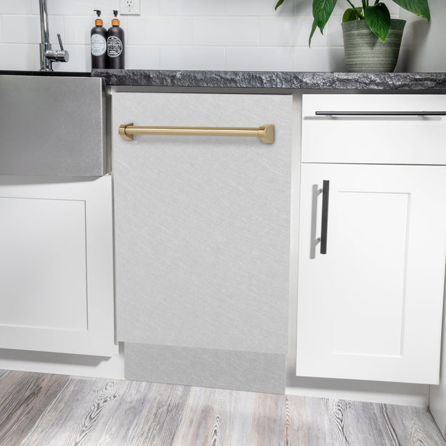 ZLINE Autograph Edition 18” Tallac Series 3rd Rack Top Control Built-In Dishwasher in Fingerprint Resistant Stainless Steel with Champagne Bronze Handle, 51dBa (DWVZ-SN-18-CB)