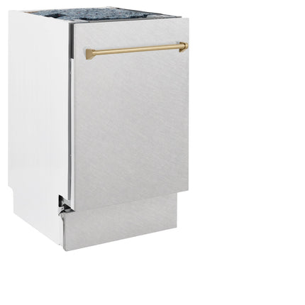 ZLINE Autograph Edition 18” Tallac Series 3rd Rack Top Control Built-In Dishwasher in Fingerprint Resistant Stainless Steel with Champagne Bronze Handle, 51dBa (DWVZ-SN-18-CB)