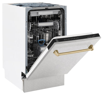 ZLINE Autograph Edition 18” Tallac Series 3rd Rack Top Control Built-In Dishwasher in Fingerprint Resistant Stainless Steel with Champagne Bronze Handle, 51dBa (DWVZ-SN-18-CB)