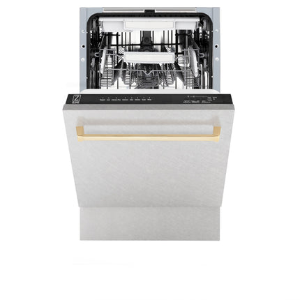 ZLINE Autograph Edition 18” Tallac Series 3rd Rack Top Control Built-In Dishwasher in Fingerprint Resistant Stainless Steel with Polished Gold Handle, 51dBa (DWVZ-SN-18-G)