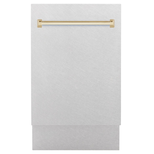 ZLINE Autograph Edition 18” Tallac Series 3rd Rack Top Control Built-In Dishwasher in Fingerprint Resistant Stainless Steel with Polished Gold Handle, 51dBa (DWVZ-SN-18-G)