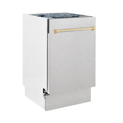 ZLINE Autograph Edition 18” Tallac Series 3rd Rack Top Control Built-In Dishwasher in Fingerprint Resistant Stainless Steel with Polished Gold Handle, 51dBa (DWVZ-SN-18-G)