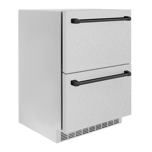 ZLINE Autograph Edition 24 in. Touchstone 168 Can Outdoor-Rated Dual Refrigerator Drawer with Satin Stainless Steel Doors and Matte Black Handles (RDSOZ-SN-24-MB)