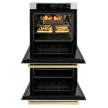 ZLINE 30 in. Autograph Edition Professional True Convection Double Wall Oven with Air Fry and Self Clean in Satin Stainless Steel with Champagne Bronze Handles (WADSZ-30-CB)
