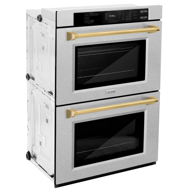 ZLINE 30 in. Autograph Edition Professional True Convection Double Wall Oven with Air Fry and Self Clean in Satin Stainless Steel with Polished Gold Handles (WADSZ-30-G)