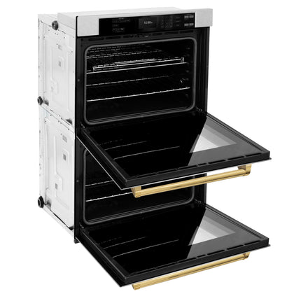 ZLINE 30 in. Autograph Edition Professional True Convection Double Wall Oven with Air Fry and Self Clean in Satin Stainless Steel with Polished Gold Handles (WADSZ-30-G)