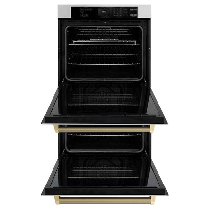 ZLINE Autograph Edition 30 in. Professional True Convection Double Wall Oven with Air Fry and Self Clean in Satin Stainless Steel with Champagne Bronze Helix Handles (WADSZ-30-KCB)