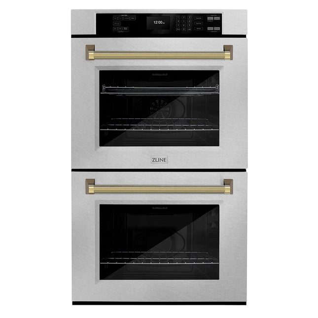 ZLINE Autograph Edition 30 in. Professional True Convection Double Wall Oven with Air Fry and Self Clean in Satin Stainless Steel with Polished Gold Helix Handles (WADSZ-30-KG)