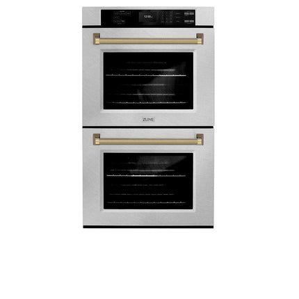 ZLINE Autograph Edition 30 in. Professional True Convection Double Wall Oven with Air Fry and Self Clean in Satin Stainless Steel with Polished Gold Helix Handles (WADSZ-30-KG)