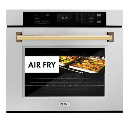 ZLINE 30 in. Autograph Edition Professional True Convection Single Wall Oven with Air Fry and Self Clean in Satin Stainless Steel with Polished Gold Handle (WASSZ-30-G)