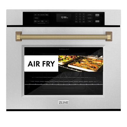 ZLINE Autograph Edition 30 in. Professional True Convection Single Wall Oven with Air Fry and Self Clean in Satin Stainless Steel with Champagne Bronze Helix Handle (WASSZ-30-KCB)