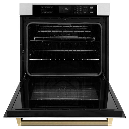 ZLINE Autograph Edition 30 in. Professional True Convection Single Wall Oven with Air Fry and Self Clean in Satin Stainless Steel with Champagne Bronze Helix Handle (WASSZ-30-KCB)