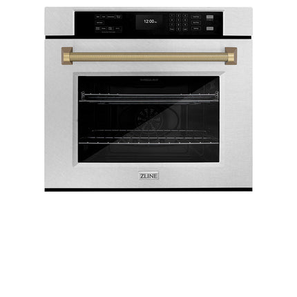 ZLINE Autograph Edition 30 in. Professional True Convection Single Wall Oven with Air Fry and Self Clean in Satin Stainless Steel with Champagne Bronze Helix Handle (WASSZ-30-KCB)