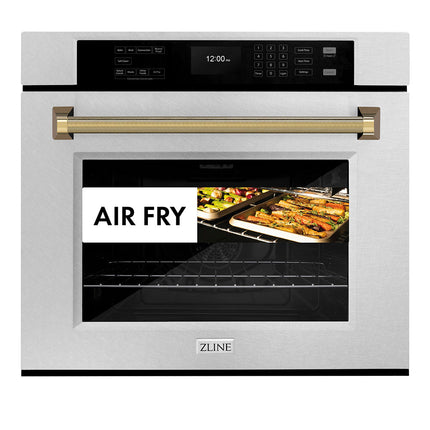 ZLINE Autograph Edition 30 in. Professional True Convection Single Wall Oven with Air Fry and Self Clean in Satin Stainless Steel with Polished Gold Helix Handle (WASSZ-30-KG)