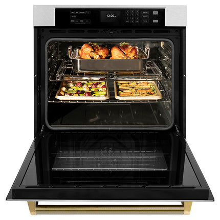 ZLINE Autograph Edition 30 in. Professional True Convection Single Wall Oven with Air Fry and Self Clean in Satin Stainless Steel with Polished Gold Helix Handle (WASSZ-30-KG)