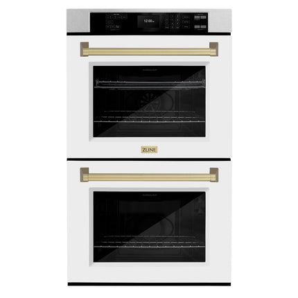 ZLINE 30 in. Autograph Edition Professional True Convection Double Wall Oven with Air Fry and Self Clean in Satin Stainless Steel with White Matte Doors and Champagne Bronze Handles (WADSZ-WM-30-CB)