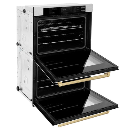 ZLINE 30 in. Autograph Edition Professional True Convection Double Wall Oven with Air Fry and Self Clean in Satin Stainless Steel with White Matte Doors and Champagne Bronze Handles (WADSZ-WM-30-CB)
