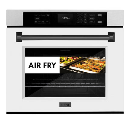 ZLINE 30 in. Autograph Edition Professional True Convection Single Wall Oven with Air Fry and Self Clean in Satin Stainless Steel with White Matte Door and Matte Black Handle (WASSZ-WM-30-MB)