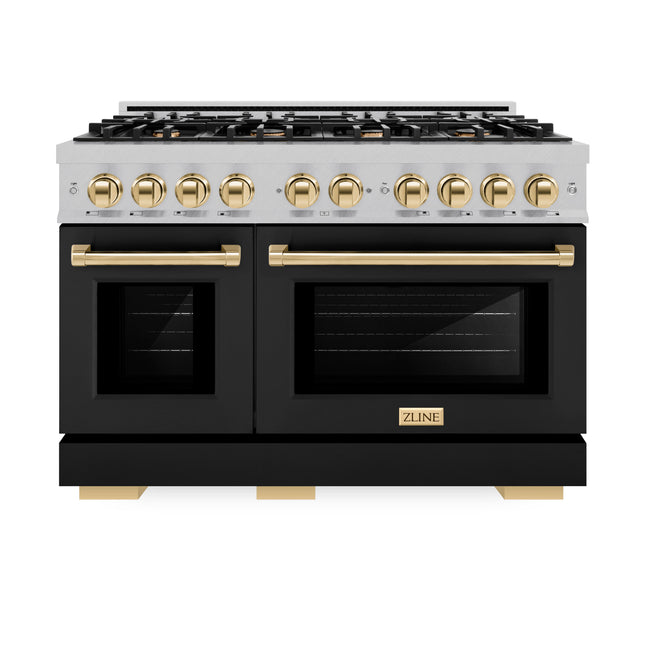 ZLINE Autograph Edition 48 in. 6.7 cu. ft. Select Double Oven Dual Fuel Range with 8 Burner Gas Cooktop in Satin Stainless Steel with Black Matte Doors and Polished Gold Accents (HDRSZ-BLM-48-G)