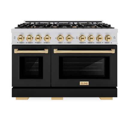 ZLINE Autograph Edition 48 in. 6.7 cu. ft. Select Double Oven Dual Fuel Range with 8 Burner Gas Cooktop in Stainless Steel with Black Matte Doors and Polished Gold Accents (HDRZ-BLM-48-G)