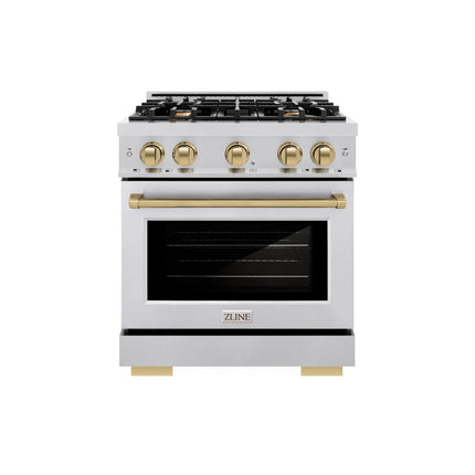 ZLINE Autograph Edition 30 in. 4.2 cu. ft. Select Dual Fuel Range with 4 Burner Gas Cooktop and Electric Convection Oven in Stainless Steel with Champagne Bronze Accents (HDRZ-30-CB)
