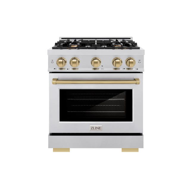 ZLINE Autograph Edition 30 in. 4.2 cu. ft. Select Dual Fuel Range with 4 Burner Gas Cooktop and Electric Convection Oven in Stainless Steel with Champagne Bronze Accents (HDRZ-30-CB)