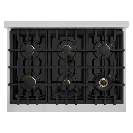 ZLINE Autograph Edition 36 in. 5.2 cu. ft. Select Gas Range with 6 Burner Cooktop and Convection Gas Oven in Stainless Steel and Champagne Bronze Accents (HGRZ-36-CB)