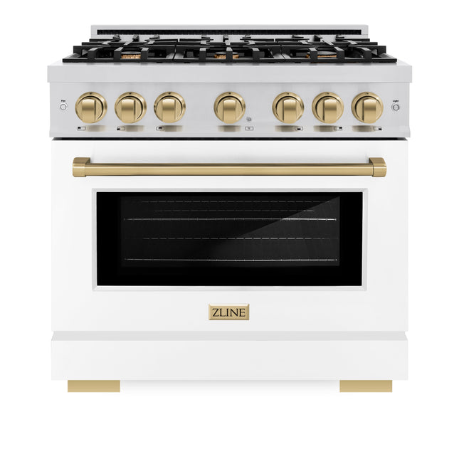 ZLINE Autograph Edition 36 in. 5.2 cu. ft. Select Dual Fuel Range with 6 Burner Gas Cooktop and Electric Convection Oven in Stainless Steel with White Matte Door and Champagne Bronze Accents (HDRZ-WM-36-CB)