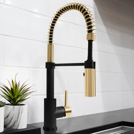 ZLINE Autograph Edition Sierra Pull Down Spring Single Handle Kitchen Faucet in Matte Black and Champagne Bronze (SRA-KF-ZMBCB)