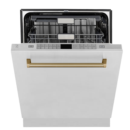 ZLINE Autograph Edition 24" Monument Series 3rd Rack Top Touch Control Tall Tub Dishwasher in Stainless Steel with Champagne Bronze Handle, 45dBa (DWMTZ-304-24-CB)