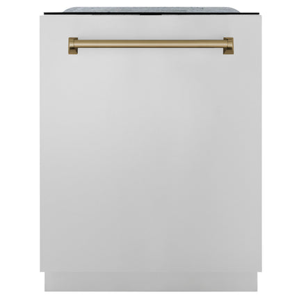 ZLINE Autograph Edition 24" Monument Series 3rd Rack Top Touch Control Tall Tub Dishwasher in Stainless Steel with Champagne Bronze Handle, 45dBa (DWMTZ-304-24-CB)