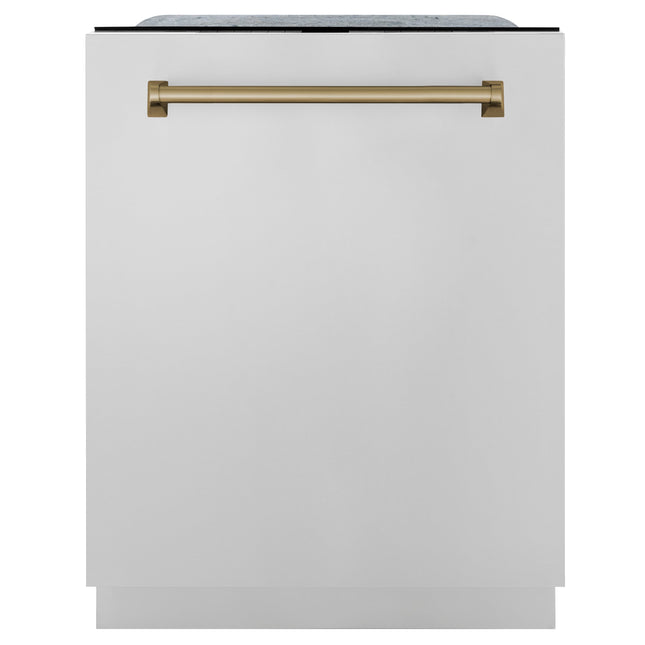 ZLINE Autograph Edition 24" Monument Series 3rd Rack Top Touch Control Tall Tub Dishwasher in Stainless Steel with Champagne Bronze Handle, 45dBa (DWMTZ-304-24-CB)